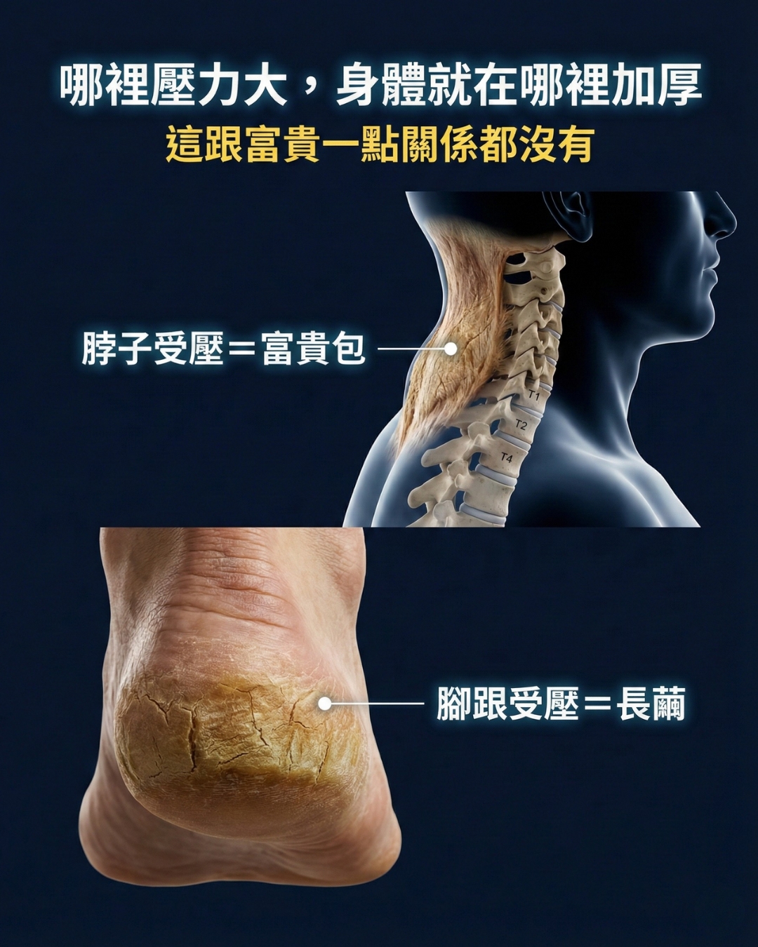 頭部前伸如同釣竿釣鉛球，頸椎根部受力示意圖