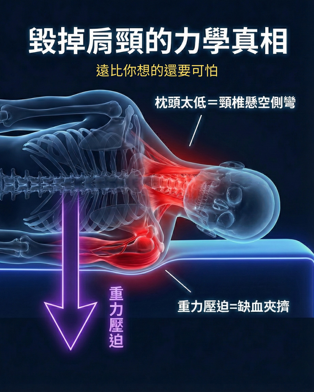 側睡時肩關節受壓迫與頸椎懸空示意圖