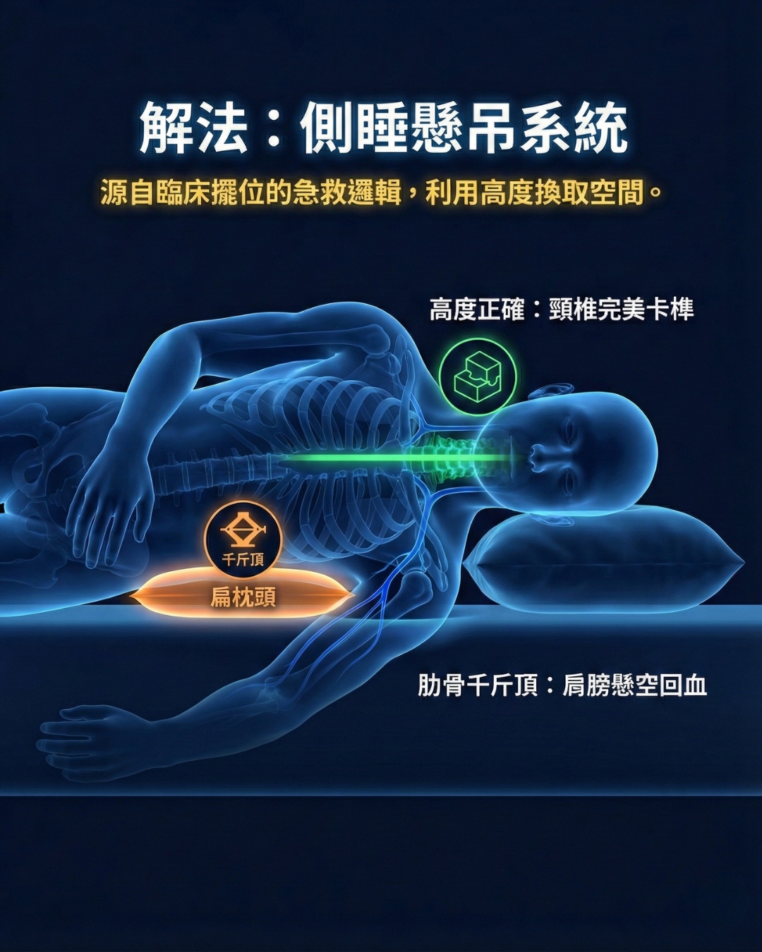 側睡懸吊系統示範:肋骨下方墊扁枕頭