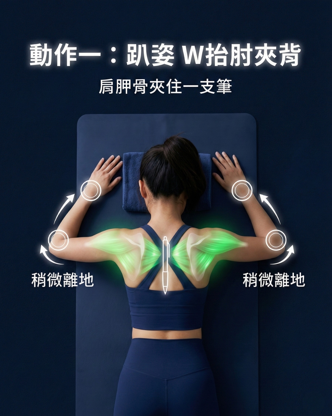 改善富貴包動作教學：趴姿 W (夾背抬肘)