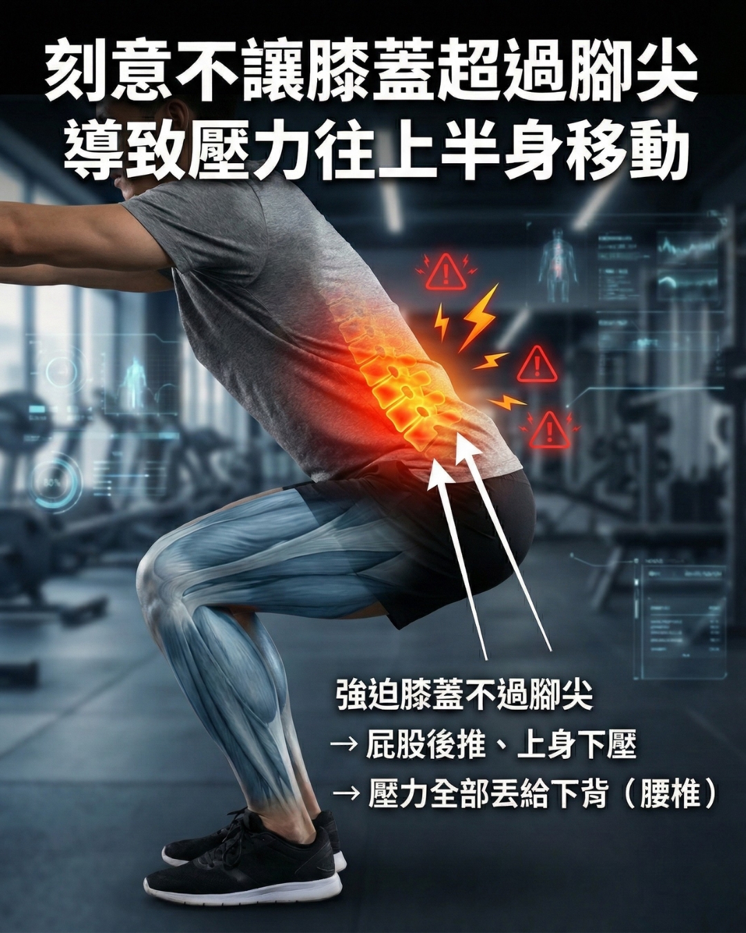 深蹲過度後推屁股導致下背壓力過大
