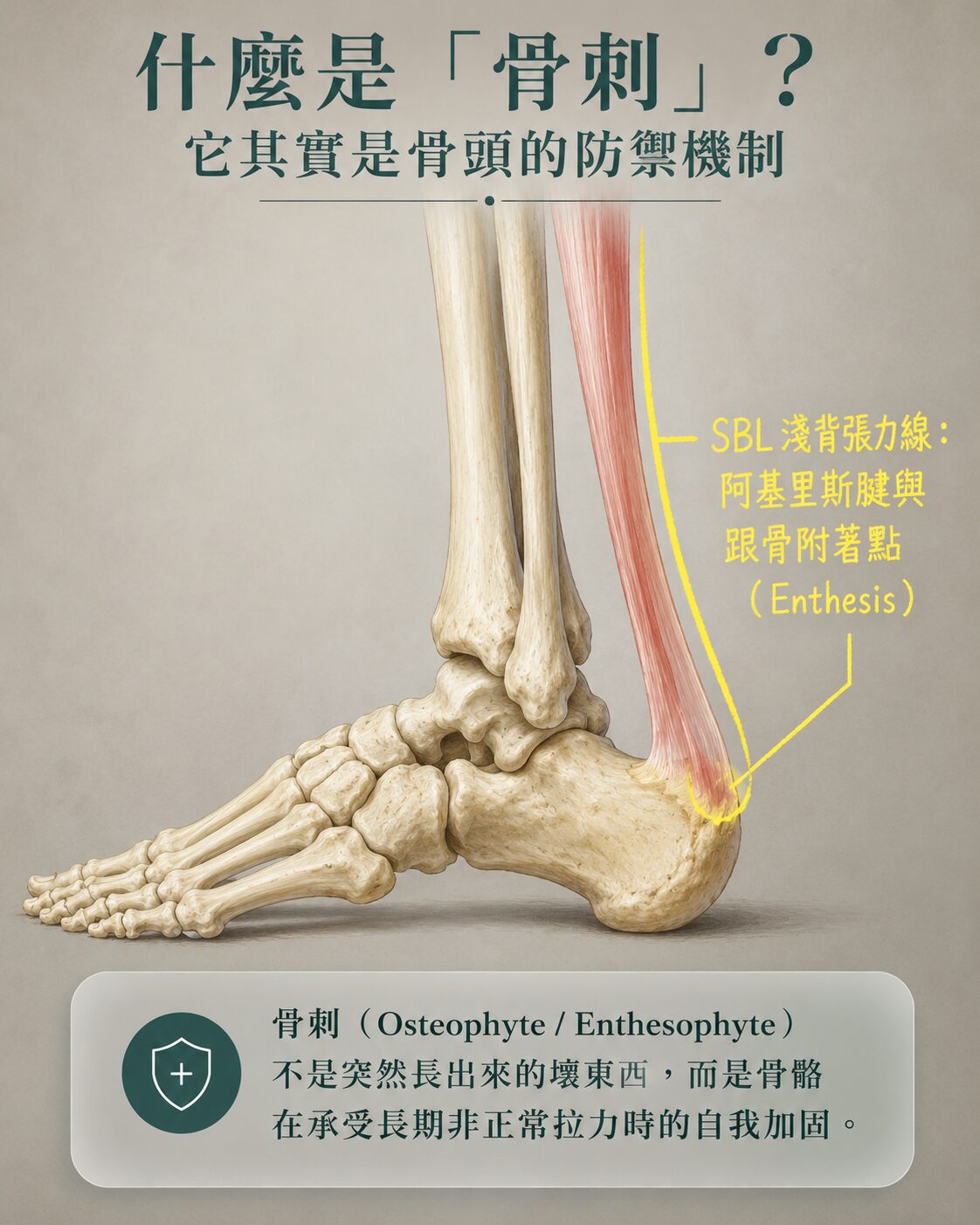 肌腱附著點與骨刺示意