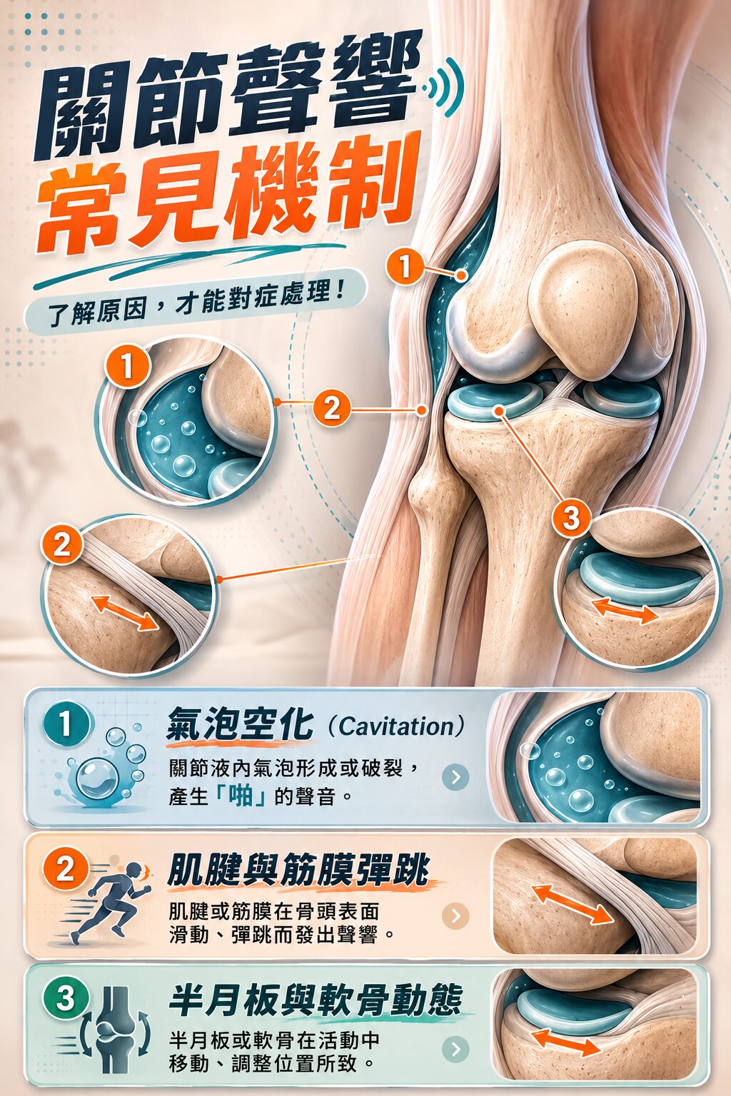 膝蓋響聲常見機制示意
