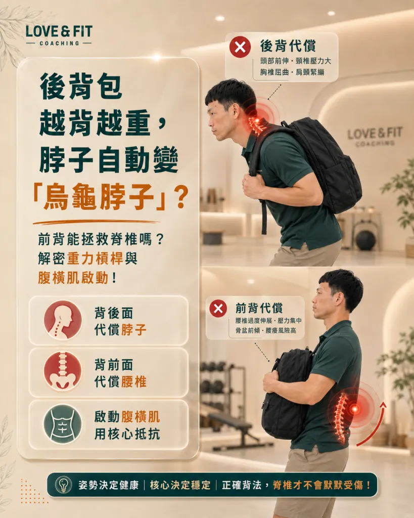後背包越背越重，脖子自動變『龜脖子』？前背能拯救脊椎嗎？