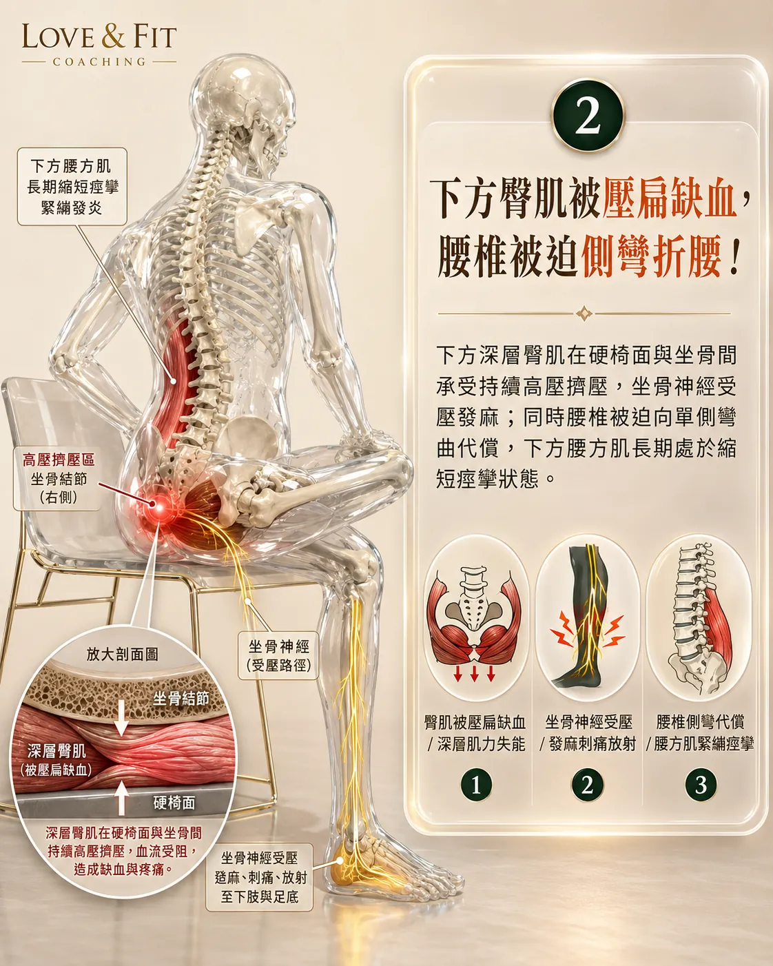 臀肌缺血與坐骨神經受壓示意圖