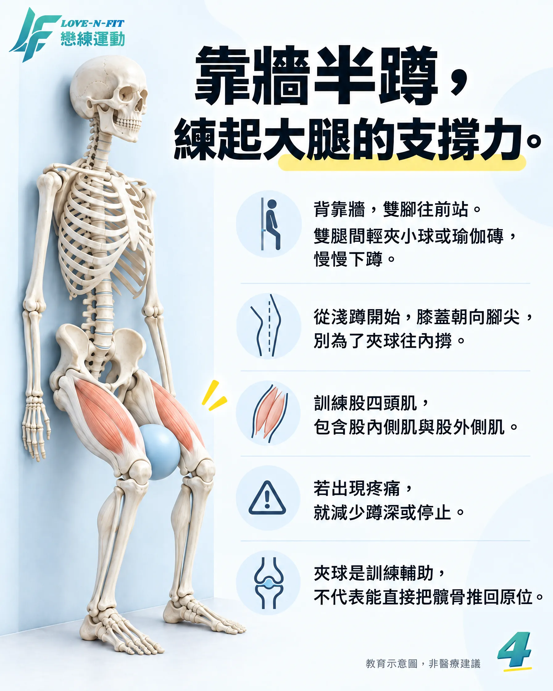 靠牆半蹲並在雙腿間輕夾小球的動作圖卡