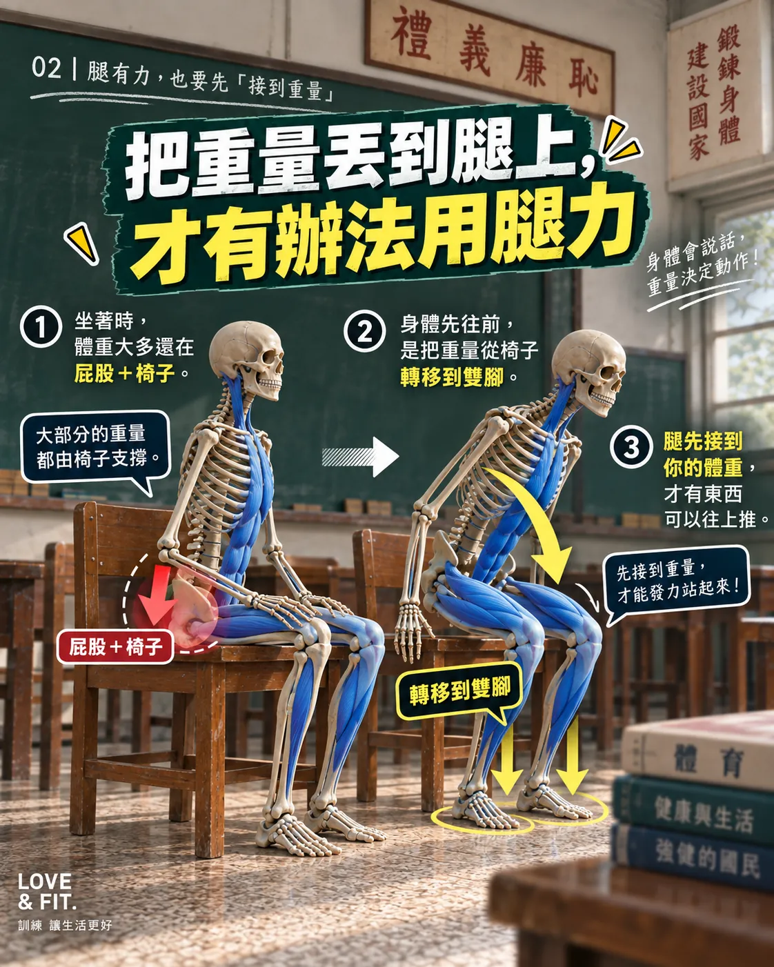 體重從椅子轉移到雙腳的三步驟示意圖