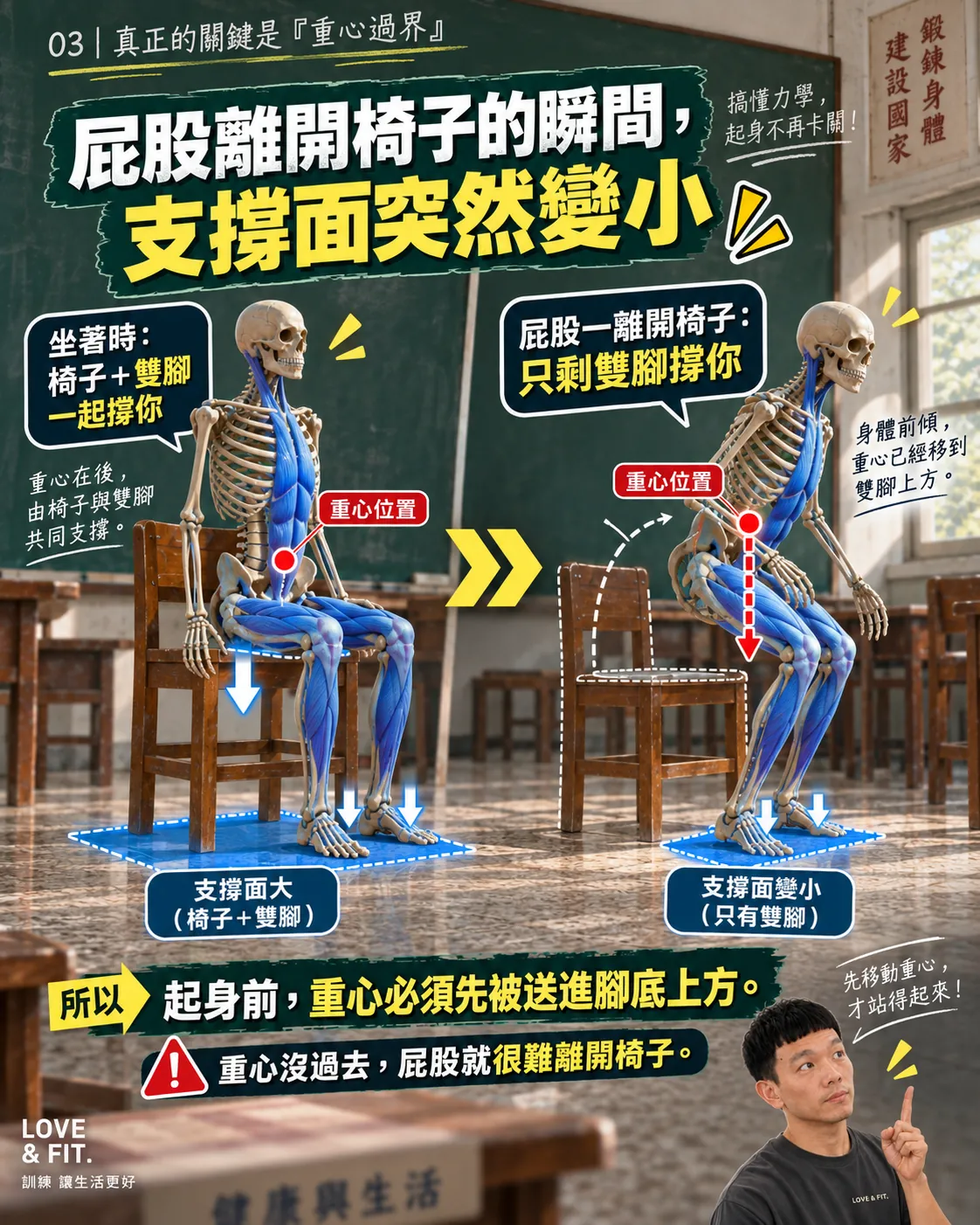 坐姿與離椅瞬間的支撐面與重心位置對照示意圖