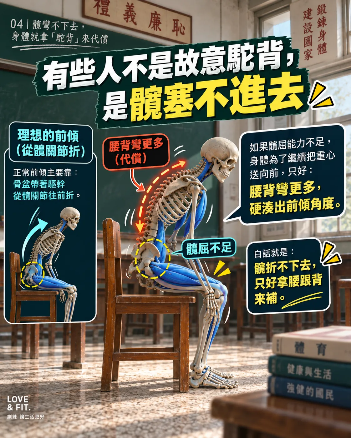 髖關節前折與腰背代償的對照示意圖
