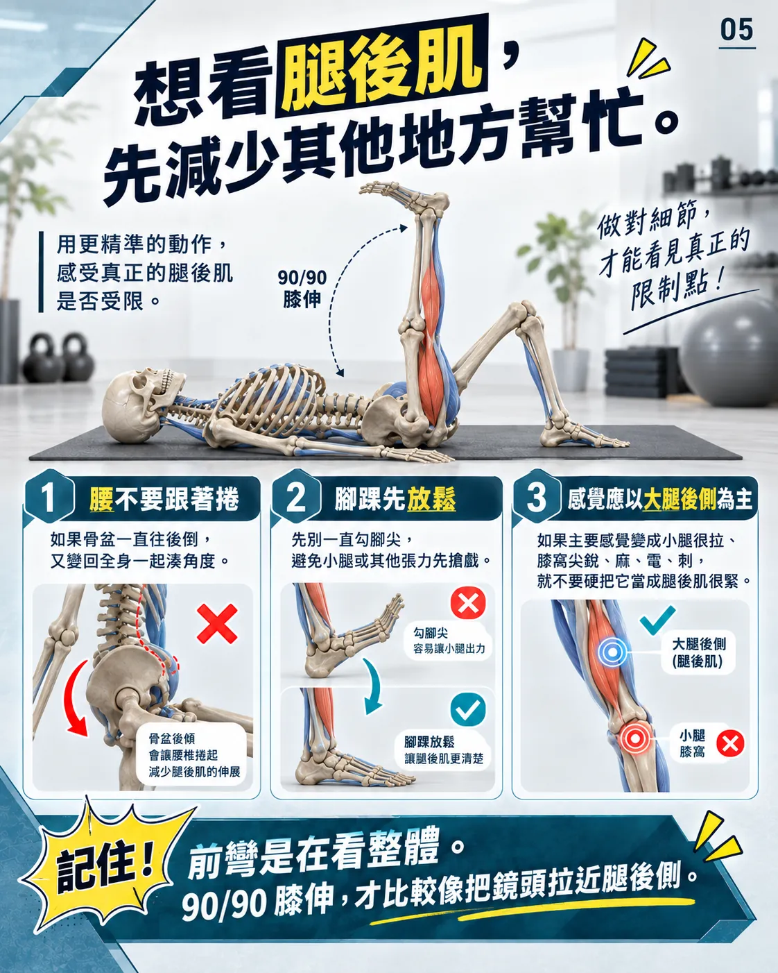 想看腿後肌，先減少其他地方幫忙。