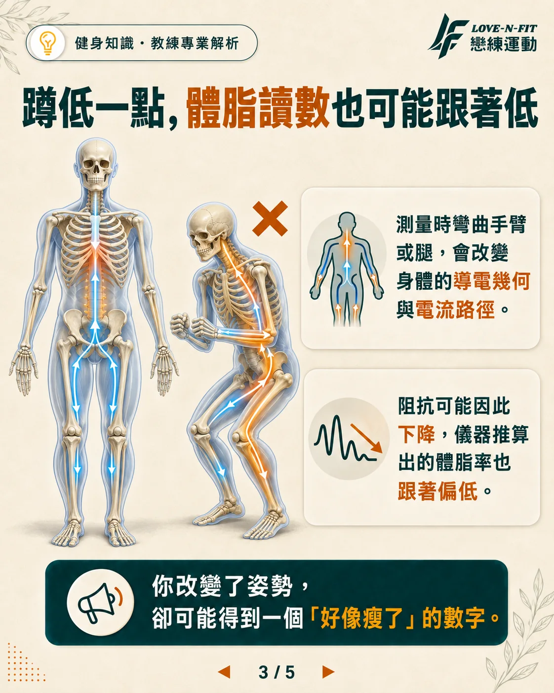 蹲低一點，體脂讀數也可能跟著低。